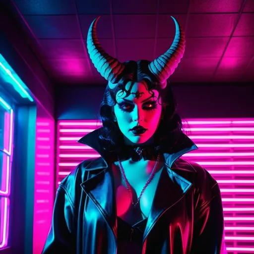 Prompt: demon, hell, demonic, gothic, vaporwave, retro, neon, aesthetic, liminal, high quality, high definition, beautiful, dramatic lighting