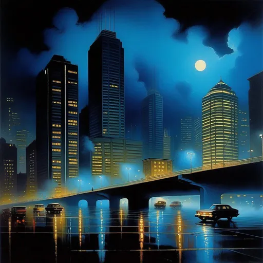 Prompt: 1980s, downtown São Paulo at night, creepy, rain, fog, cold blue atmosphere, cartoony style, extremely detailed painting by Greg Rutkowski and by Henry Justice Ford and by Steve Henderson 

