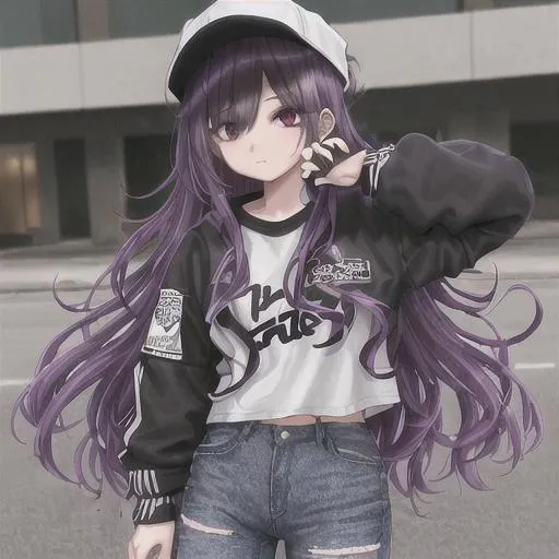 Prompt: high-quality, girl, Korean, long wavy dark hair dyed purple on the ends, no bangs, white and black varsity jacket, black ripped jeans, purple high tops, high schooler, mafia