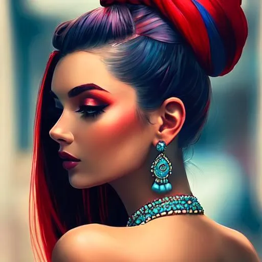 Prompt: woman with stylish topknot,  colors of red and turqouise