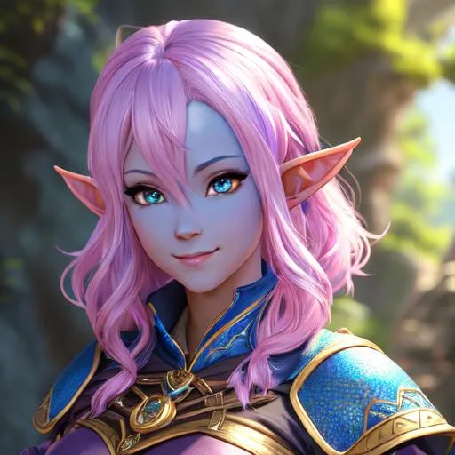 Prompt: oil painting, D&D fantasy, blue-skinned-elf girl, blue-skinned-female, slender, beautiful, short bright pink hair, wavy hair, smiling, pointed ears, looking at the viewer, Ranger wearing intricate adventurer outfit, #3238, UHD, hd , 8k eyes, detailed face, big anime dreamy eyes, 8k eyes, intricate details, insanely detailed, masterpiece, cinematic lighting, 8k, complementary colors, golden ratio, octane render, volumetric lighting, unreal 5, artwork, concept art, cover, top model, light on hair colorful glamourous hyperdetailed medieval city background, intricate hyperdetailed breathtaking colorful glamorous scenic view landscape, ultra-fine details, hyper-focused, deep colors, dramatic lighting, ambient lighting god rays, flowers, garden | by sakimi chan, artgerm, wlop, pixiv, tumblr, instagram, deviantart