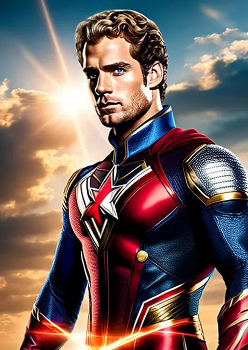 Prompt: High-resolution hyperrealistic photo of {captain britain} merged with captain mar-vell, played by blond henry cavill, blue and red and silver costume, uhd, hdr, 64k