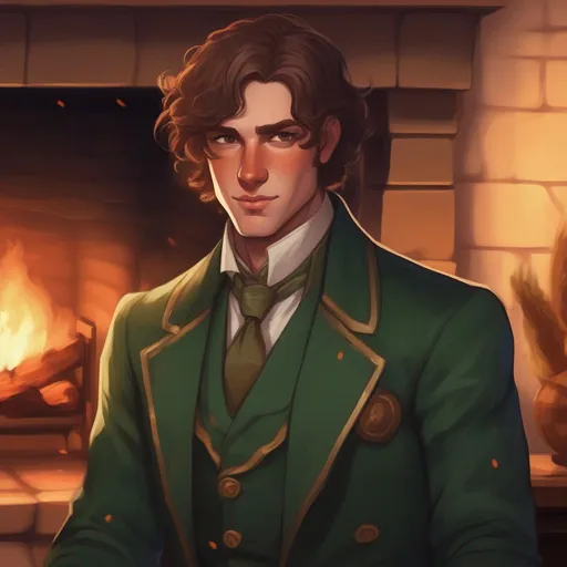 Prompt: dnd a human man with short wavy brown hair and hazel eyes and a freckled face wearing a dark green noble suit in front of a fireplace