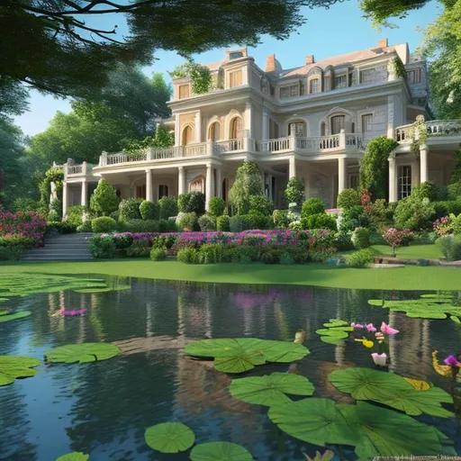 Prompt: A Mansion with trees, flowers and a pond photorealistic