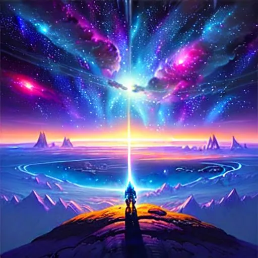 Prompt: Please produce a fantasy space artwork Fantastic planetscape looking down on a tundra. Space ships flying in the sky, a blue star, nebula and stars in the background on the horizon with vibrant colors and effects. very pretty painting. 