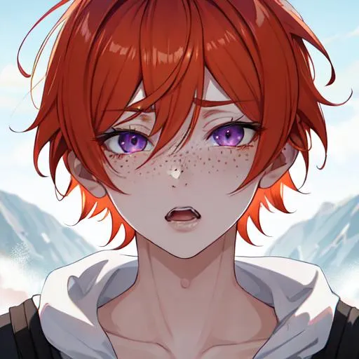 Prompt: Erikku male adult (short ginger hair, freckles, right eye blue left eye purple) UHD, 8K, Highly detailed, insane detail, best quality, high quality,  anime style, in purgatory, yelling, crying out for help
