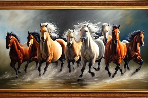 Prompt: oil painting running horses. must have eight horses in the frame