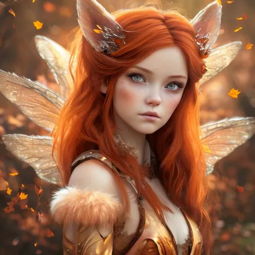 Prompt: Autumn fairy with coppery red hair and furry small foxy ears. Female human face, beautiful simetric face, eyes color amber, the female wearing a deep red dress, realistic, fantasy art, oval shaped face with less redness on the face