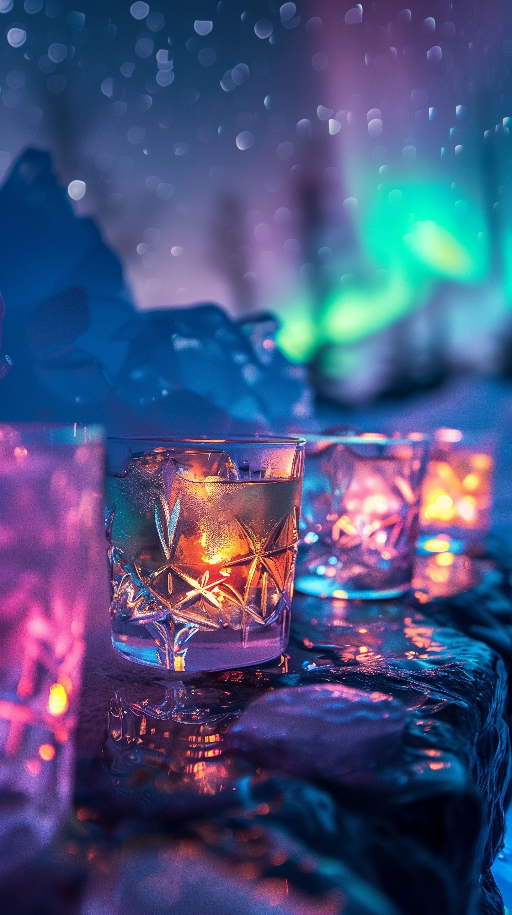 Prompt: a bar made entirely of carved ice with multicolored drinks resting on it, reflecting the northern lights in it's shadow as the moonlight hits the glasses --ar 9:16 --v 6.0