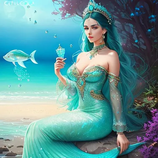 Prompt: Intricately detailed front facing elaborate beautiful ocean mermaid goddess glossy intricate glistening pearlescent fish scaled skin face bright eyes prismatic jelly blue green clear dress long hair hyperdetailed painting by Ismail_Inceoglu Tom Bagshaw Dan Witz CGSociety ZBrush Central fantasy art 4K, bubbles in background digital painting, digital illustration, extreme detail, digital art, ultra hd, vintage photography, beautiful, tumblr aesthetic, retro vintage style, hd photography, hyperrealism, extreme long shot, telephoto lens, motion blur, wide angle lens, deep depth of field, warm, anime Character Portrait, Symmetrical, Soft Lighting, Reflective Eyes, Pixar Render, Unreal Engine Cinematic Smooth, Intricate Detail, anime Character Design, Unreal Engine, Beautiful, Tumblr Aesthetic,  Hd Photography, Hyperrealism, Beautiful Watercolor Painting, Realistic, Detailed, Painting By Olga Shvartsur, Svetlana Novikova, Fine Art