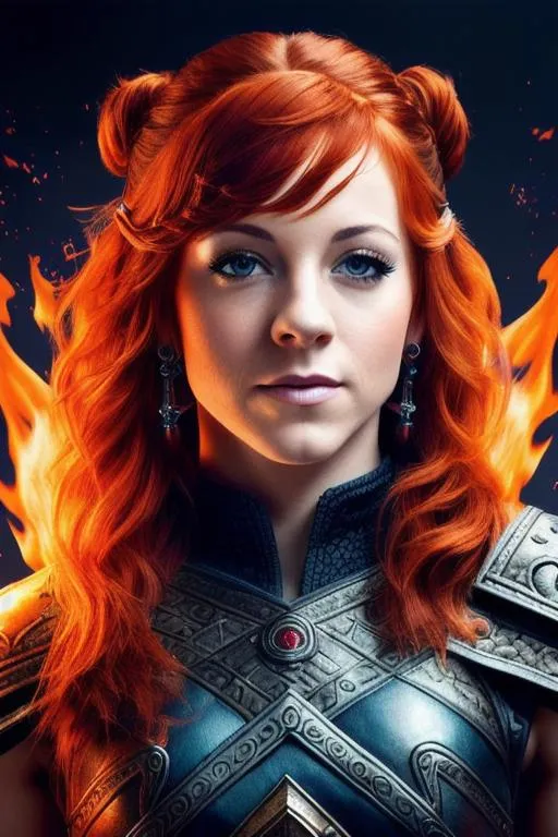 Prompt: a closeup portrait Lindsey Stirling, red hair pulled back, blue eyes, skyrim fire mage armor, intricate detail, high quality, flaming lightning background, intricate detail, high quality, high detail, masterpiece, intricate facial detail, high quality, detailed face, intricate quality, intricate eye detail, highly detailed, high resolution scan, intricate detailed, highly detailed face, Very detailed, high resolution