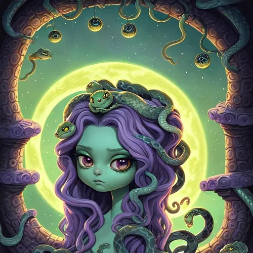 Prompt: medusa, cute, snakes, aesthetic, disney, pixar, moon, stars, witchcraft, in a starry dark sky, beautiful, ruins, sweet, etheral, rpg, sci-fi, award winning illustration, artstation, highres, large eyes, tarot card style