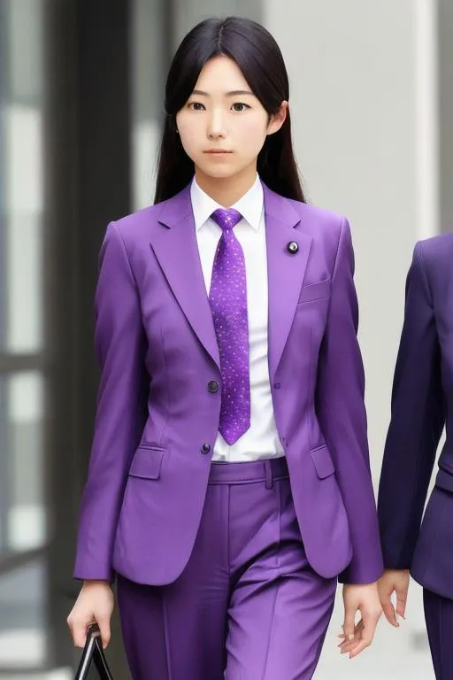 Prompt: Two japanese girl 17yo, purple suit, purple tie, Trousers,