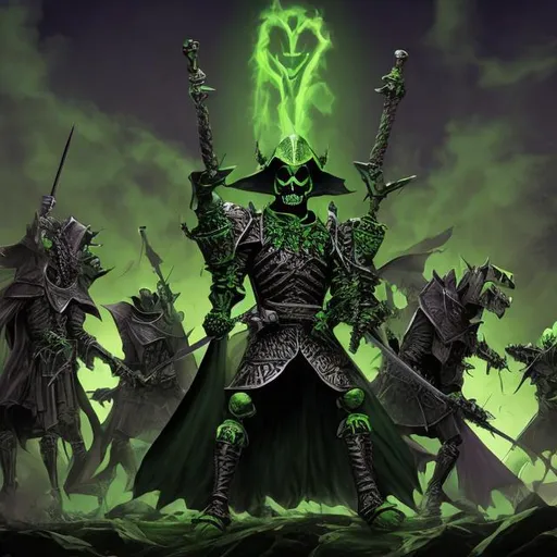 Prompt: evil green skeleton lord standing over knights