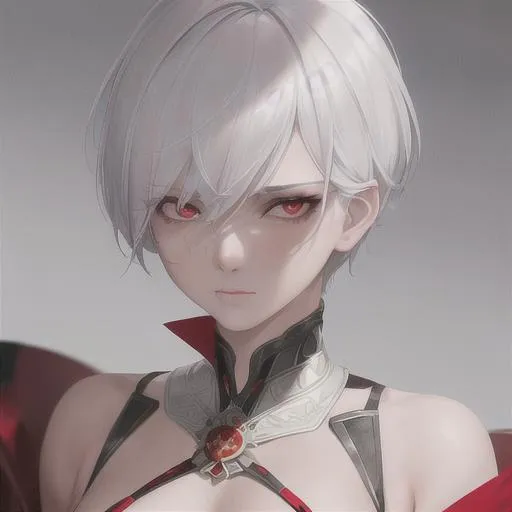 Prompt: "A close-up photo of a handsome girl with short pixie style hair, white hair, red eyes, wearing a kings robe, in hyperrealistic detail, with a slight hint of disgust in her eyes. His face is the center of attention, with a sense of allure and mystery that draws the viewer in, but her eyes are also slightly downcast, as if a sense of disgust is lingering in her thoughts. The detailing of his face is stunning, with every pore, freckle, and line rendered in vivid detail, but the image also captures the subtle emotions of disgust that might lie beneath her surface."