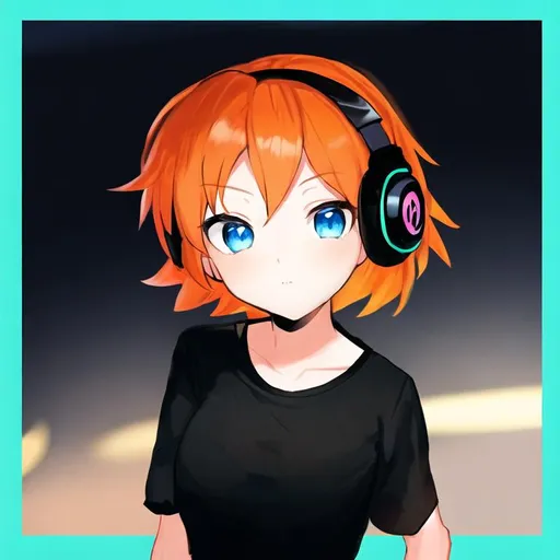 Prompt: Portrait of a cute girl with short, orange hair and blue eyes wearing a black shirt and blue and black headphones at night 