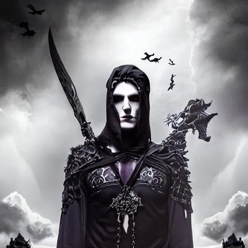 Prompt: half shot portrait of a male goth tiefling covered in tattoos standing on a cliffside cemetery, heroic pose, wielding dark purple eldritch energy, pale skin and long dark hair, black eyes, dramatic lighting, UHD, dark fantasy, very clear face, long fiendish horns, wearing hooded brown leathers and metal grieves, grit, handsome, quality face,