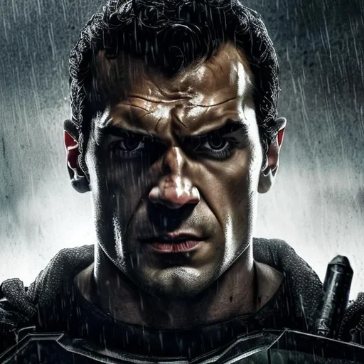 Prompt: Henry cavil as the punisher. UHD, 10K, extremely detailed, have him hold a m10 rifle in his left hand. Have rain in the backdrop.