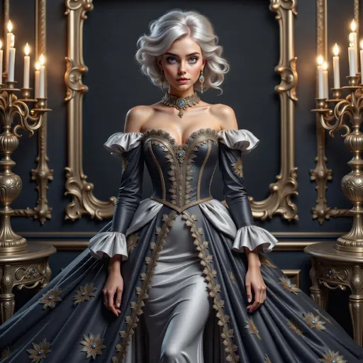 Prompt: A regal young woman stands poised in an opulent interior, draped in a lavish gown that combines rich black and silvery gray fabrics adorned with intricate golden embroidery. The dress features elegant puffed sleeves and a fitted bodice, accentuating her graceful figure. Her striking platinum blonde hair is styled in soft, vintage waves, framing her delicate features, while statement jewelry, including a choker and earrings, adds a touch of glamour. Surrounding her, ornate candleholders illuminate the dark, baroque-style room, casting a warm glow that enhances the luxurious atmosphere. The overall composition radiates a timeless elegance, evoking a sense of grandeur and sophistication.