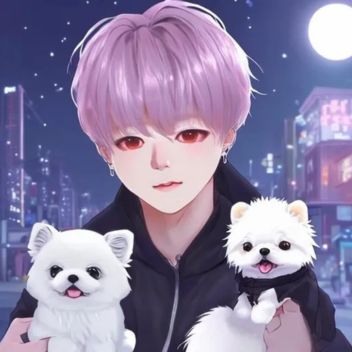 Prompt: anime jimin with headphoned and white hair with his Pomeranian cute dog at night