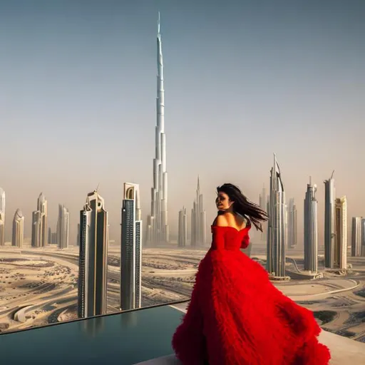 Prompt: A women on the roof of a building wearing a fluffy red dress in Dubai in the fall