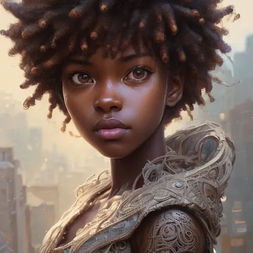 Prompt: Closeup face portrait of a {person}, smooth soft brown skin, big dreamy eyes, beautiful intricate african hair with a crown, symmetrical, anime wide eyes, soft lighting, detailed face, by makoto shinkai, stanley artgerm lau, wlop, rossdraws, concept art, digital painting, looking down from camera
