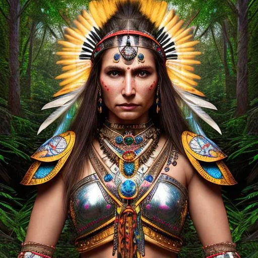 Prompt: A digital portrait of a Native warrior goddess, wearing jeweled armor, ring light, in an ancient forest, with vivid colors, realistic, hyperdetailed