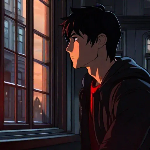 Prompt: Damien  (male, short black hair, red eyes) staring out the window, stalking, unsettling