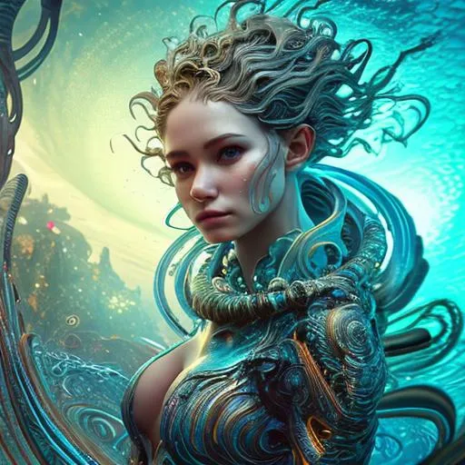 Prompt: beautiful woman Queen fae of ocean in spiral wave water, background glorious, perfect face, realistic, full body, standing on ground, circuit board, in intricate clothing, fantasy, illustration, artstation, very complex hyper-maximalist, overdetailed, cinematic, tribal, darkfantasy, 8k resolution, Ultra-detailed 3D Octane Render, photorealistic concept art, Sharp Focus, Perfect Composition, intense shadows, intense lighting, wallpaper, HDR, high quality, high-definition