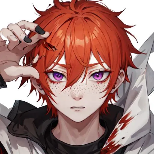 Prompt: Erikku male adult (short ginger hair, freckles, right eye blue left eye purple) covered in blood, covering his face with his hand, wide eyes, insane, fear, threatening, anime style, 