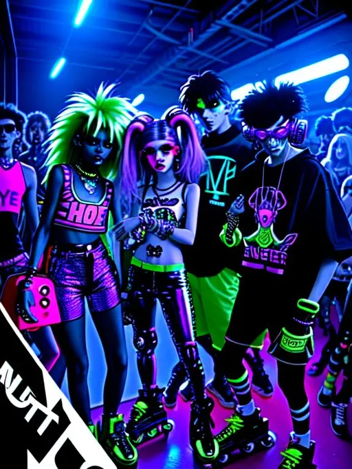 Prompt: 80’s 90s alien monster hype beast  raver teens in futuristic technology high fashion warehouse arcade rave party skating club monster high tech robot crowd 