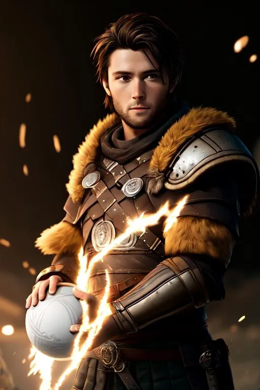 Prompt: Digital Art, 26-year-old viking man, short brown hair, white gear, yellow eagle armor, eagle feathers, holding a spherical artifact, unreal engine 8k octane, 3d lighting