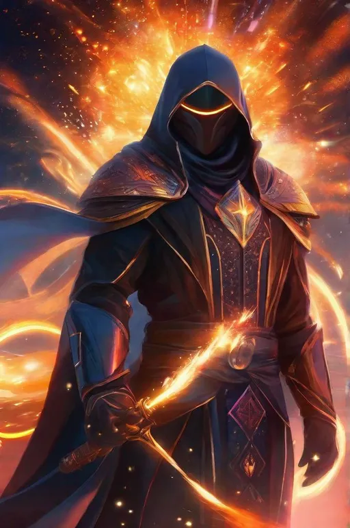 Prompt: futuristic, (motorcycle helmet), astral sorcerer, battle mage, astral hooded robe, fire magic, fireworks background 