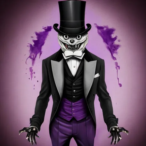 Prompt: A man with a suit and top hat with purples eyes and sharp teeth salivating