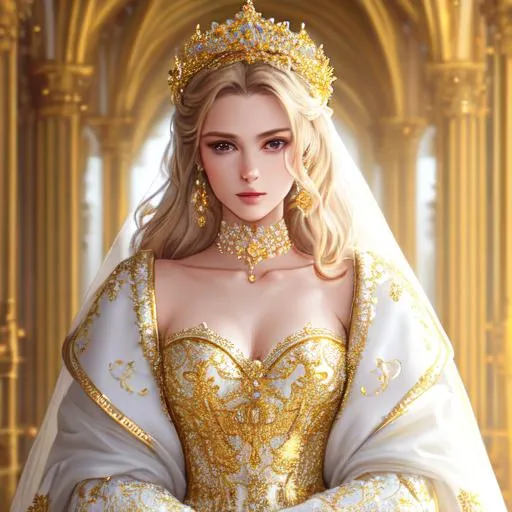 Prompt: beautiful photograph of most beautiful fictional, fashion model, goodnes, heavenly, royal, White and golden, extremely, detailed environment, detailed blur background, intricate, detailed skin, natural colors , High-resolution, professionally color graded, photorealism, 8k, moody lighting.