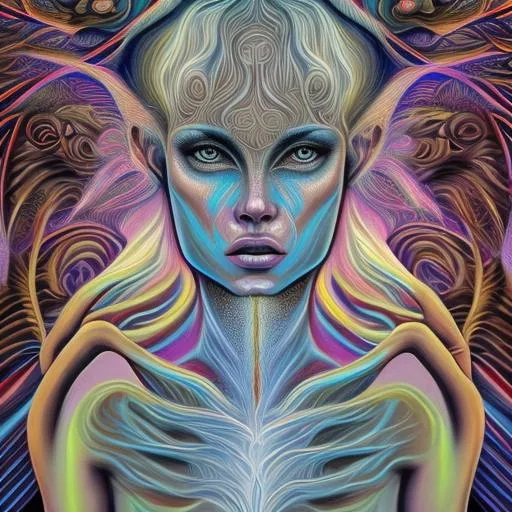 Prompt:  Geometric background backlit in the style of Alex Grey,  In the foreground is a beautiful woman, in the style of Botticelli, Gray hair with blood stains, Gray-colored eyes, haunting look, 