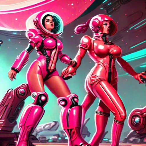 Prompt: human wearing red retro-futuristic spacesuit and combat boots, gynoid wearing a revealing retro-futuristic pink bikini spacesuit with black stiletto heeled boots in sci-fi battle stance  