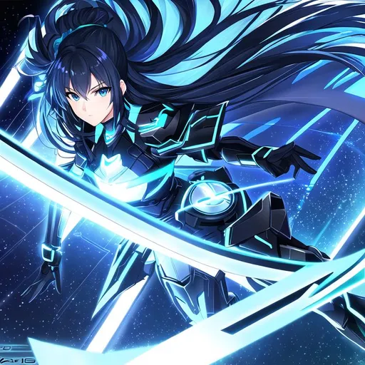 Prompt: HD, 4k, Very detailed, anime, zoomed out view, full character in view, female Sci-fi type character, she wears a black sci-fi armor with blue glow, has long black hair and glow blue highlight, blue eyes 