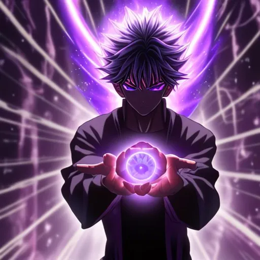 Prompt: an anime scene a man manifesting a purple energy within his hand in a  dark room