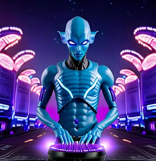 Prompt: blue MALE alien from andromeda making beats streets of riyadh city with dxm effects and purple lights