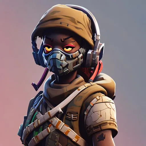 Prompt: Deadlock wearing African icon skin Fortnite soldier painter standing character, small soft lighting, fatigue  colors, SKOTTIE Young, 3-D blender winter, poly count, modular constructivism, pop surrealism, physically based rendering, square image