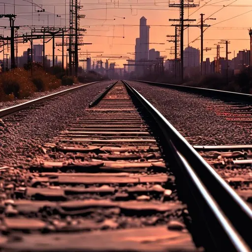 Prompt: Train tracks fading into a sunset city