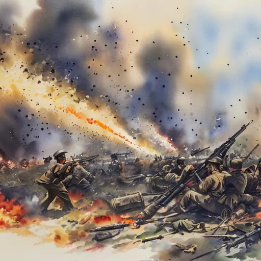 Prompt: Artillery Fire Battle of Manila 1945 in watercolor