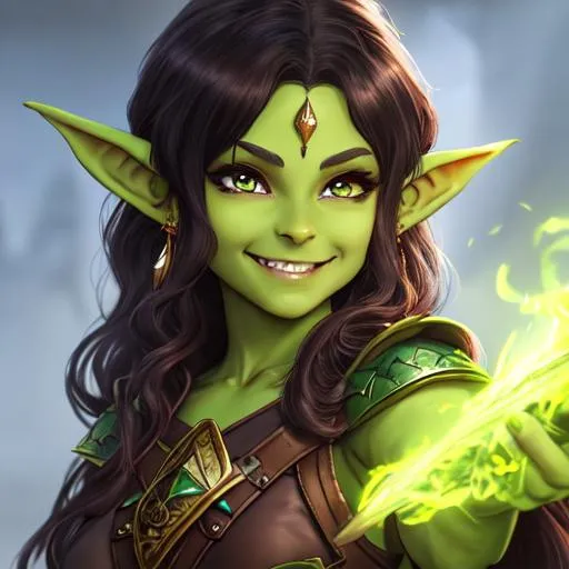 Prompt: oil painting, D&D fantasy, green-skinned-goblin girl, green-skinned-female, small, beautiful, short dark brown hair, wavy hair, smiling, pointed ears, fangs, looking at the viewer, cleric wearing intricate adventurer outfit, #3238, UHD, hd , 8k eyes, detailed face, big anime dreamy eyes, 8k eyes, intricate details, insanely detailed, masterpiece, cinematic lighting, 8k, complementary colors, golden ratio, octane render, volumetric lighting, unreal 5, artwork, concept art, cover, top model, light on hair colorful glamourous hyperdetailed medieval city background, intricate hyperdetailed breathtaking colorful glamorous scenic view landscape, ultra-fine details, hyper-focused, deep colors, dramatic lighting, ambient lighting god rays, flowers, garden | by sakimi chan, artgerm, wlop, pixiv, tumblr, instagram, deviantart