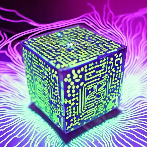 Prompt: Create a yellow parchament background "Imagine a small, metallic cube with intricate circuitry etched on its surface. It glows with a pulsating blue light, and its sides are adorned with tiny conductive nodes. The cube is encased in a transparent shell, revealing the mesmerizing dance of electric flux within." 