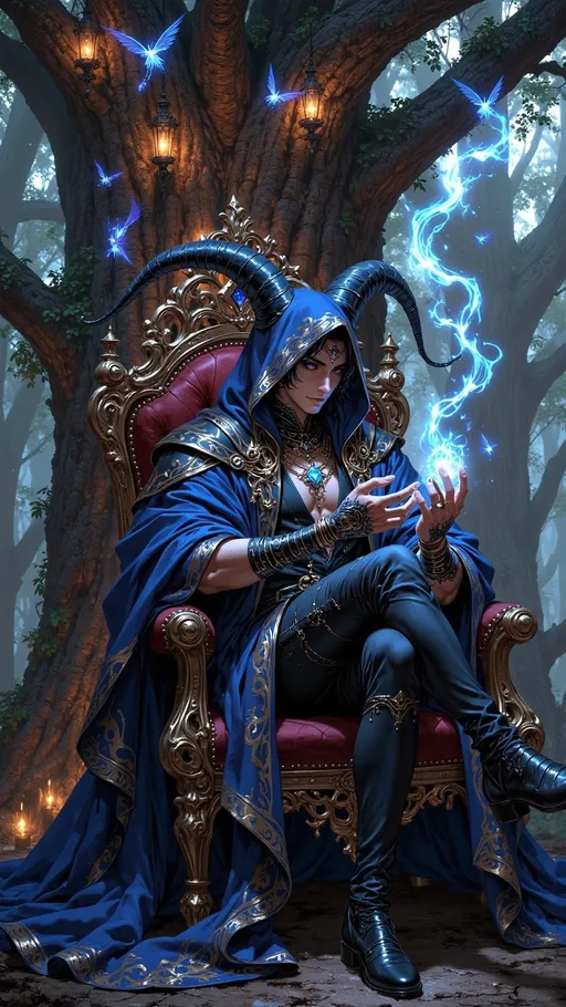 Prompt: twin duality ((tall adult tanned man)) as a ((magical jester)) with ((very short blackhair)), navy blue eyes, dressed in ornate navy blue layered textured jester joker costume, left hand holding ((magical playing cards)). he is sitting on a throne under a huge tree.

dragon navy skies, high contrast lighting, ((wide length camera)), long distance , long shot, left side angle, wide depth of field. film grain, film textures. 

Overall feeling of dichotomy. The background is a high detailed thundering sky with dragons. dragon navy blue magic aura.