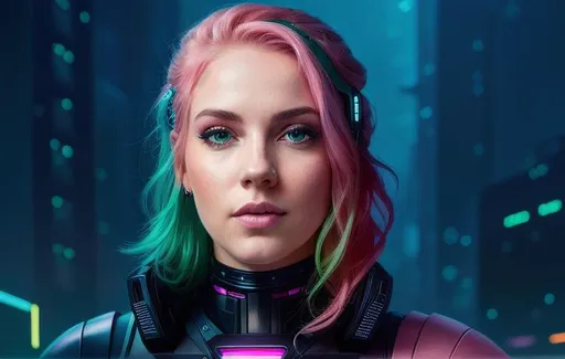 Prompt: Portrait of {woman} with {pink} hair, with cute face, green eyes, {futuristic city neon background}, perfect composition, hyperrealistic, super detailed, 8k, high quality, trending art, trending on artstation, sharp focus, studio photo, intricate details, highly detailed, by greg rutkowski
