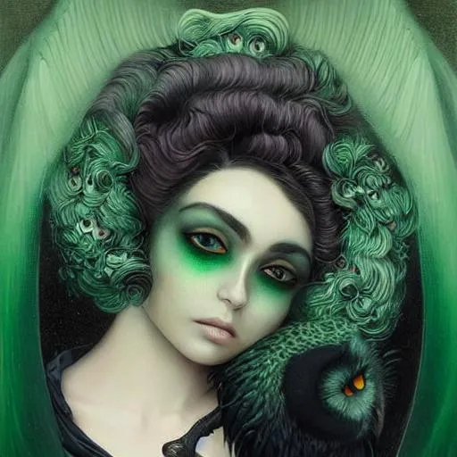 Prompt: A vampire man beautiful face, stunning owl green eyes, ombre gradient black hair, green sculptural 
suit made of gradient tom bagshaw, Cicely Barker, Daniel Merriam, intricate details by Andrew atroshenko, James Jean, Mark Ryden, charlie bowater, WLOP, Jim Burns, Megan duncanson, beautiful face, full body photo, very detailed, high definition, crisp quality, cinematic smooth, cinematic lighting, ultrarealistic, crispy focus 