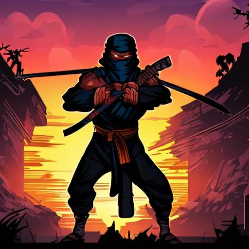 Prompt: a comic style ninja with a sunset in the background, graphic art, 4k