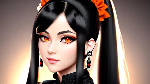 Prompt: Beautiful girl with long black hair in pigtails, long hair, long black hair, black hair, orange eyes, formal clothing, pierced ears, beautiful, {{{Hyper detailed}}}, {{{Photorealistic}}}, {{{Hyper realistic}}}